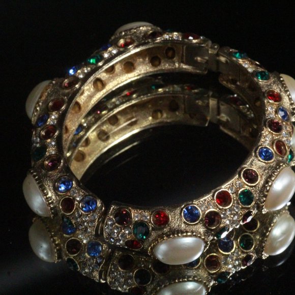 Sphinx Unsigned Runway Couture Multicolor Faux Pearl Pave´ Rhinestones Bangle - Picture 5 of 11